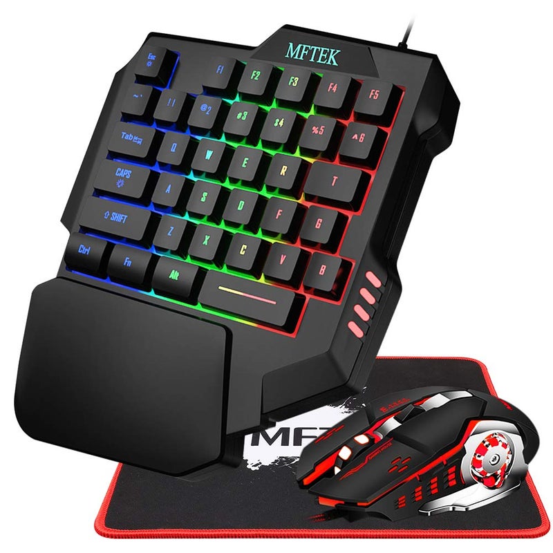 MFTEK One Hand Gaming Keyboard and Mouse Combo, RGB Rainbow Backlit One-Handed Mechanical Feeling Keyboard with Wrist Rest Support, USB Wired Keyboard Mouse and Mouse Pad Set for PC PS4 Gamer - Image 1